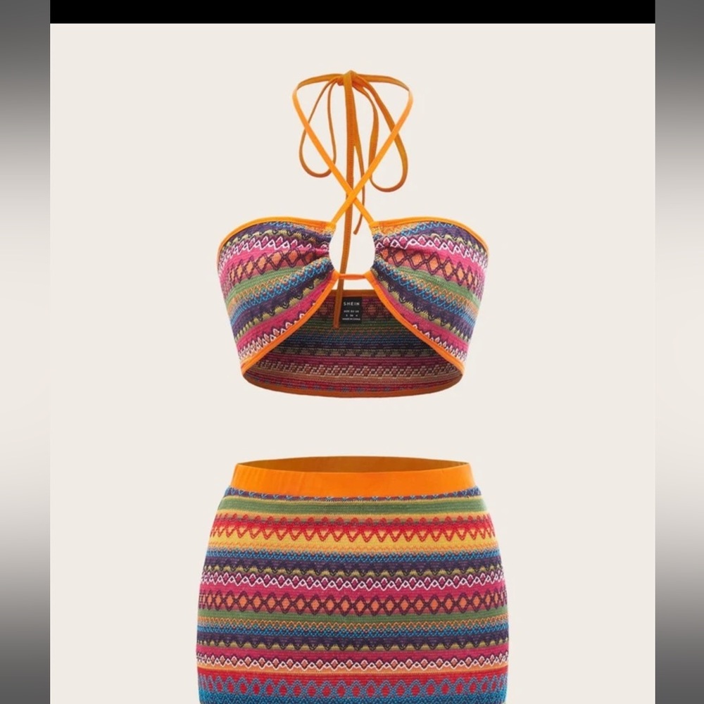 Geo Print Contrast Binding Tie Backless Crop Halter Top & Skirt
